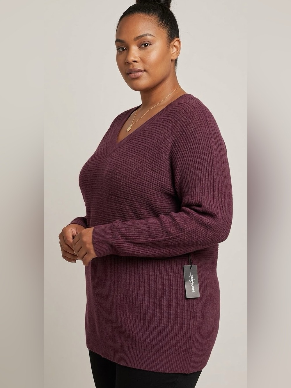 Lord & Taylor Dusty Plum Purple Mixed Knit V-Neck Sweater NWT Large